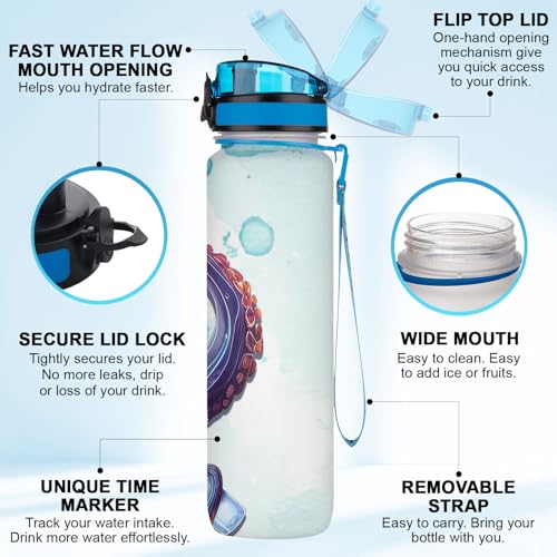 Octopus 32oz Water Bottle with Time Marker – Funny Stop Slacking Drink Your Water Ocean Animal Hydration Tracker Bottle, Sea Animal Gift for Octopus Lovers - color: Octopus