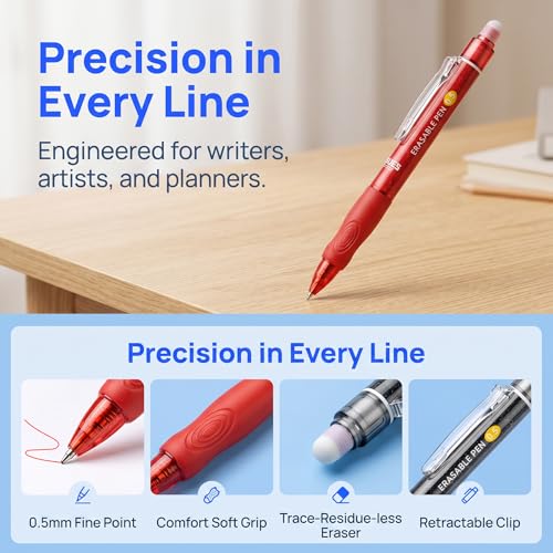 7 Pack Colored Erasable Gel Pens, 0.5mm Fine Point with Eraser, Erasable Pen Set for Note Taking, Planner Writing, Drawing