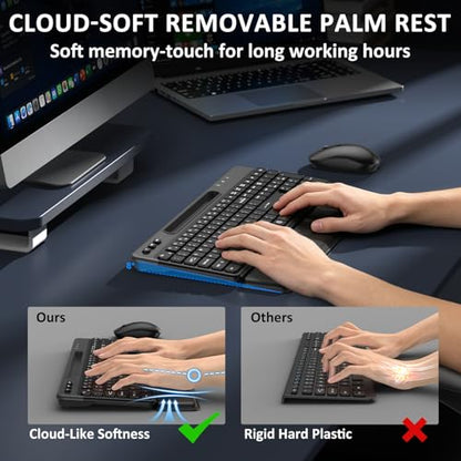 Wireless Keyboard and Mouse Combo, 2.4G Full-Sized Ergonomic Computer Silent Keyboard with Soft Wrist Rest, Phone Tablet Holder, 3 DPI Quiet Mouse for Windows, Mac OS Laptop/PC/Desktop