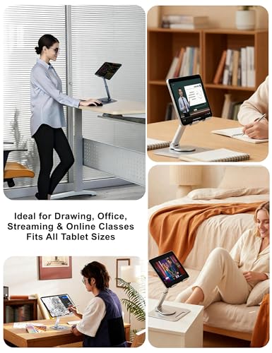 Full Metal Tablet Stand for Desk, 360° Swivel Height Adjustable | 8.7" sit-stand height, aluminum carbon steel, anti-slip silicone pads, hollow cooling, foldable, fits 4.7-13" iPad & tablets - color: Gray-green