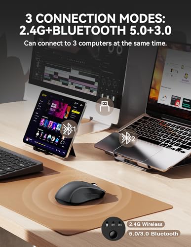 TECKNET Bluetooth Mouse, [ USB + BT1 + BT2 ] Wireless Mouse for Laptop, Silent Click, Ergonomic Design, 4800 DPI Computer Mice Wireless, Dual Mode for Laptop, Computer, iPad, MacBook - color: Light Grey