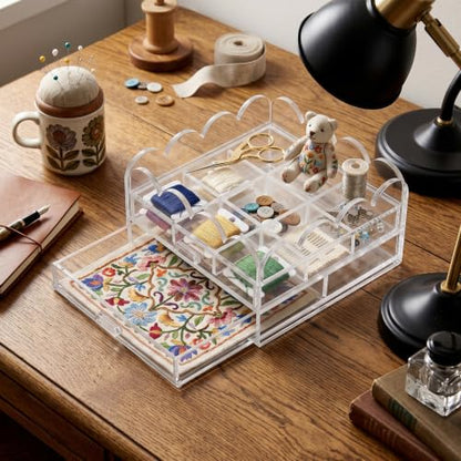 Scalloped Clear Acrylic 2-Drawer Organizer 5" x 5" with Removable 9 Compartment Divider, Storage Case for Sewing Supplies and Small Jewelry