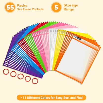 GAMENOTE 55팩 드라이 지우개 포켓, 25.4x35.6cm(10x14인치) 재사용 가능한 슬리브, 11가지 색상 | 55개의 재사용 가능한 PVC 포켓에는 21.6 x 27.9cm(8.5 x 11인치) 및 22.9 x 30.5cm(9 x 12인치) 시트를 담을 수 있습니다. 양면 - color: 다양한 색상, size: 55 Pack