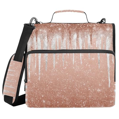 3 D-Ring 2 inch Zipper Binder Bag with Shoulder Strap, Glittery Rose Gold Multi-Pocket Portfolio Organizer Case for 13 Inch Laptop Middle School