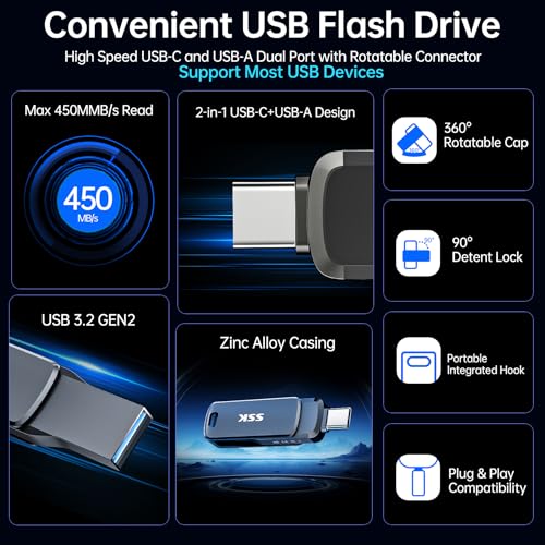 SSK 64GB USB Flash Drive,Up to 450MB/s Read,2 in 1 USB C+A Thumb Drive | USB 3.2 Gen 2 Memory Stick, 1GB in 2.3s, Zinc Alloy Keyhole, for iPhone 15/16/17, Android, Laptop, Car Audio - size: 64GB