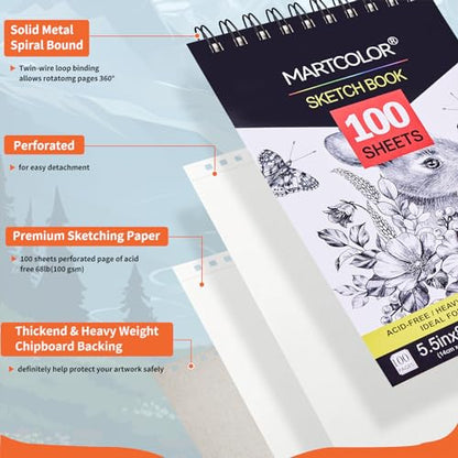 MARTCOLOR 5.5X8.5” Premium Sketch Book, 100 Sheets(68 lb/100gsm) Sketchbook | Spiral Bound, Acid-Free Drawing Paper, Artist Sketch Pad for Beginners & Pro Artists, Perfect for Most Dry Media