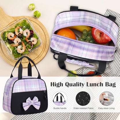 Bevalsa Rolling Backpack for Girls, Roller Backpack with Wheels, Cute Bow Wheeled School Bookbag Set with Lunch Bag & Pen Case, Suitcases for Kids Teens Elementary Middle Student (Black Purple) - color: Black Purple