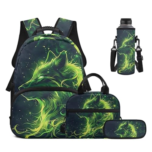 17 Inch Kid's 4PCS Backpack Set, Back to School Essentials | Insulated lunch box, water bottle pouch, pencil case, lightweight, padded shoulder straps, for elementary, middle school - color: Green Wolf