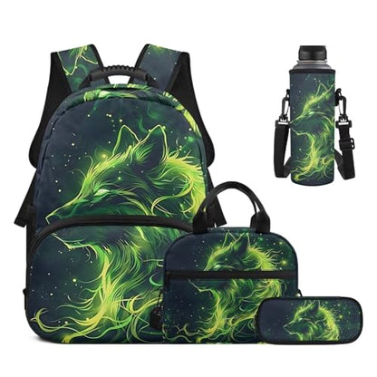 17 Inch Kid's 4PCS Backpack Set, Back to School Essentials | Insulated lunch box, water bottle pouch, pencil case, lightweight, padded shoulder straps, for elementary, middle school - color: Green Wolf