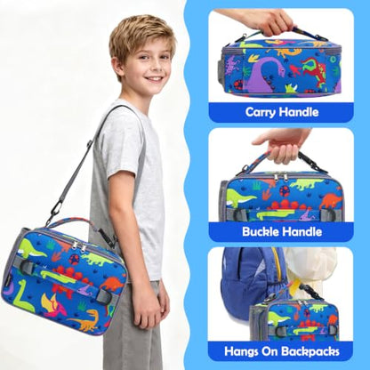 FlowFly Kids Lunch Bag, Durable Insulated School Lunch Box with Shoulder Strap and Bottle Holder, Water-resistant Thermal Small Lunch Cooler Tote for Teen Boys & Girls,Dinosaur - color: Dinoasur
