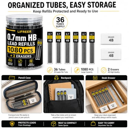 0.7 Lead Refills (1080 Pcs), Unbreakable 0.7 mm Lead Refills and 2 Premium Erasers, Long Lasting HB Pencil Lead 0.7 Refill,Mechanical Pencil Lead 0.7mm for Students & Professionals - style: 0.7 lead refills
