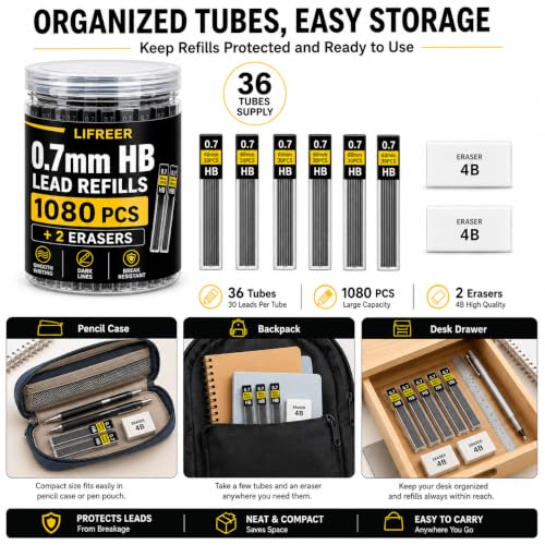 0.7 Lead Refills (1080 Pcs), Unbreakable 0.7 mm Lead Refills and 2 Premium Erasers, Long Lasting HB Pencil Lead 0.7 Refill,Mechanical Pencil Lead 0.7mm for Students & Professionals - style: 0.7 lead refills