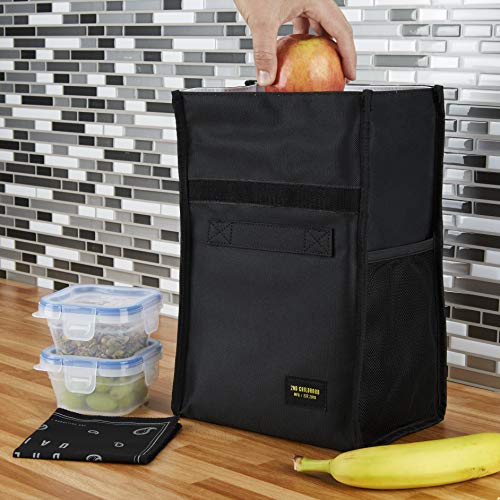 2nd Childhood Insulated Lunch Bag for Men, Durable & Reusable, Black | Slim lunch bag with carry handle, two mesh side pockets and a back slip pocket; insulated liner keeps food cool - color: Black