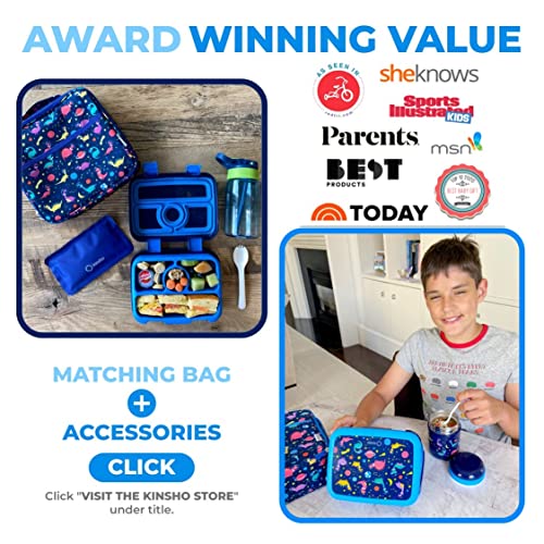Bento Lunch Box with Bag, Water Bottle & Ice Pack Set for Kids Toddlers, 4 Portion Sections, Removable Tray, Pre-School Boy Toddler Daycare Lunches, Insulated Snack Container, Blue Space Dinosaur - color: Blue Rocket Dinosaur Set