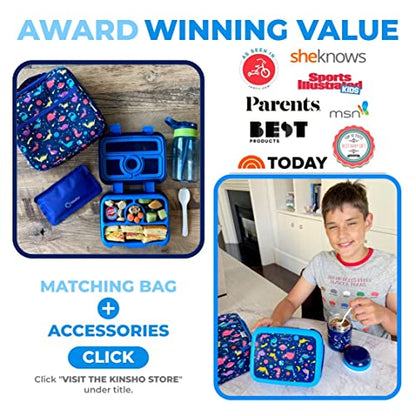 Bento Lunch Box with Bag, Water Bottle & Ice Pack Set for Kids Toddlers, 4 Portion Sections, Removable Tray, Pre-School Boy Toddler Daycare Lunches, Insulated Snack Container, Blue Space Dinosaur - color: Blue Rocket Dinosaur Set