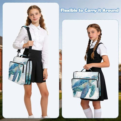 Sea Turtle Pattern Zipper Binder Bag 3 Ring Binder with Shoulder Strap Zip Up 500 Sheets Capacity Multi Pockets for School Office Supplies - color: Sea Turtle Pattern