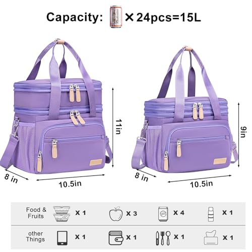 Weitars Insulated Lunch Box for Women Men-Dual Compartment Waterproof Reusable Large Lunch Bag Wide-Open Tote Cooler Bag For Working Picnic Hiking (15L) (Purple) - color: Purple