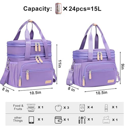 Weitars Insulated Lunch Box for Women Men-Dual Compartment Waterproof Reusable Large Lunch Bag Wide-Open Tote Cooler Bag For Working Picnic Hiking (15L) (Purple) - color: Purple