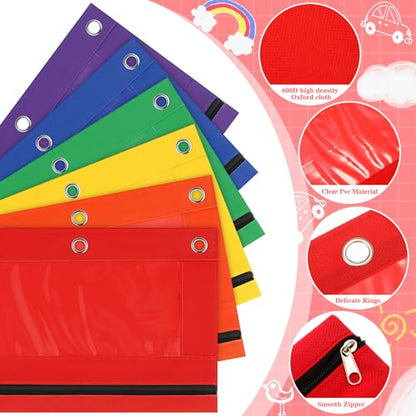 Colarr 200 Pcs Pencil Pouch for 3 Ring Binder 6 Colors Pencil Case Bags Bulk with Clear Window and Smooth Zipper for Students Children Office School Classroom Supplies