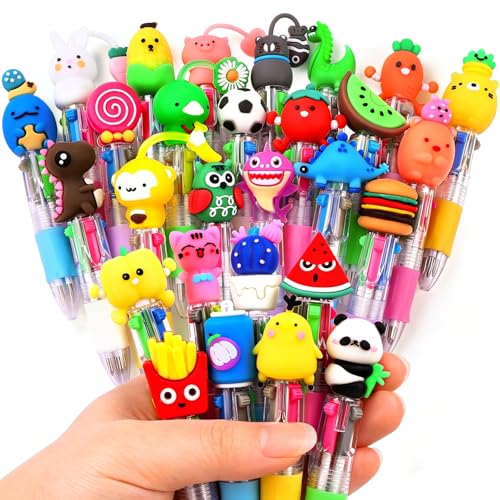 Vellibring 28PCS Fun Pens for Kids Multicolor Ballpoint Pen 4 Colors in One, Mini Cute Stationery Cartoon Animal 0.7mm Retractable Writing Pens for Party Favors School Supplies Students Rewards - style: Cute-28pcs