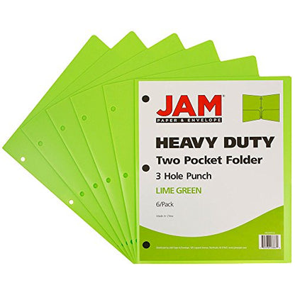 JAM PAPER Heavy Duty Plastic 3 Hole Punch Pocket Folders - Extra Tough School Folders - Lime Green - 6/Pack - color: Lime Green, size: 6 Per Pack