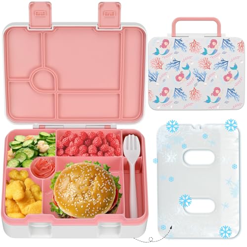 Chill Lunch Box Kids, Leak Proof Adult Bento Box with Ice Pack, 6 Compartment Lunch Container with Utensils for Girl Boy Back to School, 5.5-Cup Capacity, Dishwasher Safe, BPA Free - color: Pink-Mermaid