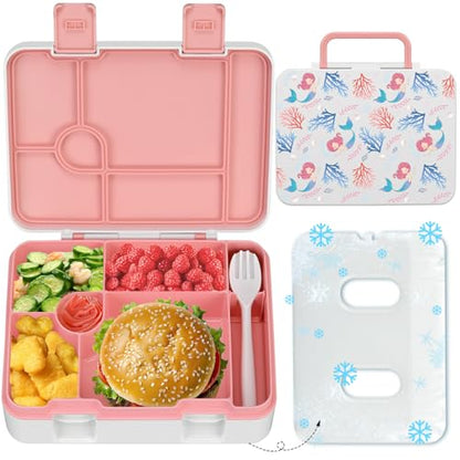 Chill Lunch Box Kids, Leak Proof Adult Bento Box with Ice Pack, 6 Compartment Lunch Container with Utensils for Girl Boy Back to School, 5.5-Cup Capacity, Dishwasher Safe, BPA Free - color: Pink-Mermaid