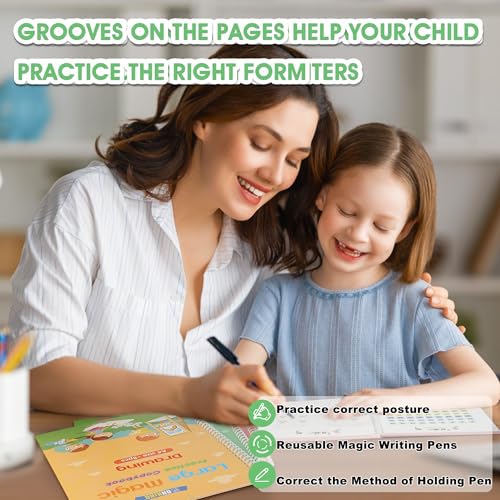 Monking Large Magic Practice Copybook for Kids,Handwriting Grooved Practice Book 6 Pack with Pen Refill English Cursive Calligraphy Reusable Age 3-8 - style: 6 Pack gift set