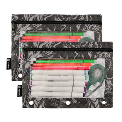 Dragon Black Gothic Pencil Pouch for 3 Ring Binder 2 Pcs Binder Pouches with Zipper Pocket Pencil Case Bag with Clear Window for Office Work School Supplies - color: Dragon Black Gothic