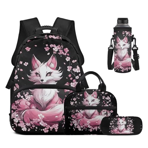 17 Inch Kid's 4PCS Backpack Set, Back to School Essentials | Insulated lunch box, water bottle pouch, pencil case, lightweight, padded shoulder straps, for elementary, middle school - color: Cute Fox