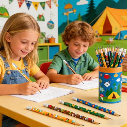 Xqumoi 60Pcs Camping Pencils with Erasers - 4 Designs #2 HB Pencils in Bulk Outdoor Camping Patterns Themed Stationery School Classroom Rewards Goodie Bag Fillers Stuffers Birthday Party Favors - style: Camping