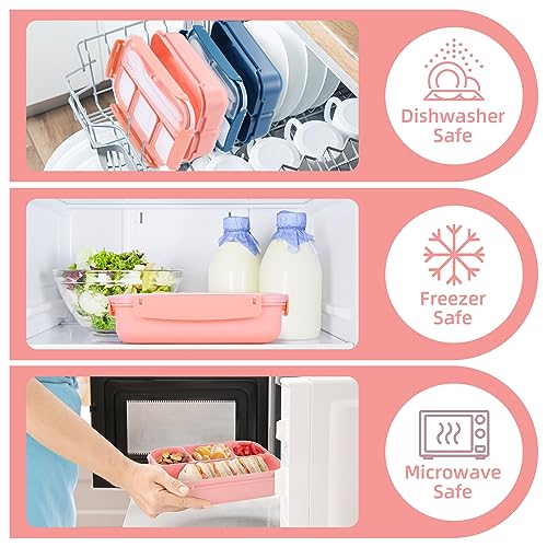 QQKO Bento Box Adult Lunch Box, Lunch Containers for Adults Men Women, Kids Lunch Boxes for School with 4 Compartments, Sauce Container, Utensils and Muffin Cups, Pink - color: Pink