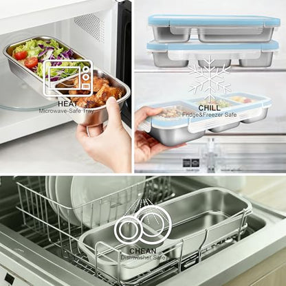 2-Piece Blue Stainless Steel Bento Box Set - 2+3 Compartment Leak-Proof Snackle Box, Reusable Snack Containers with Lids for Kids & Adults, Stainless Steel Lunch Box & Snack Pack Containers - color: 2+3 Compartments Blue