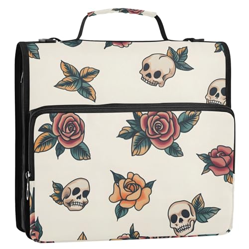 Vintage Old-School Tattoo Zipper Binder with Shoulder Strap & Handle for Easy Carry, 1.5 Inch 3-Ring Binder for School, Expansion Panel and Expanding File