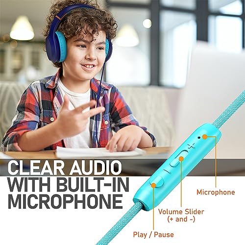 FosPower Kids Headphones with 3.5mm Laced Cables, Children & Teens Over The Ear Foldable Adjustable Headset w/Built-in Mic for Smartphones/PC/Tablet/Laptop/School (Max Volume 85dB) - Mint/Pink - color: 07 - Mint/Pink