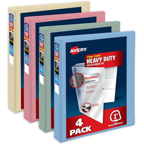 Avery Heavy-Duty View 3 Ring Binders, 1 Inch One Touch Slant Rings, 250-Sheet Capacity, Assorted Pastel Colors, 4-Pack (79631) – for School, Office, Teachers, Classrooms & Home Organization - color: Assorted Pastels, size: 1"