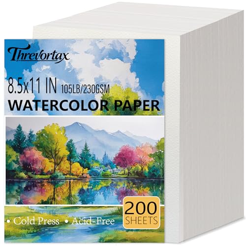 Threvortax 200 PCS Watercolor Paper 8.5x11 Inch 105LB/230GSM Cold Press Water Color Paper for Students and Beginners, Acid-Free Heavyweight Art Sheets for Painting, Printing, Scanning & Crafting - color: 200 Sheets, size: 8.5x11 Inches