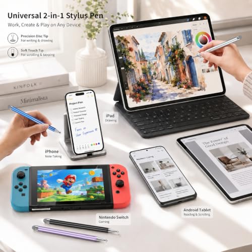 6 PCS Stylus Pen for Touchscreen, 2in1 Universal Stylus for Nintendo Switch | Metal Barrel, High-Precision Disc Tip Capacitive Stylus Pencil for Apple iPad/Ayn Thor/iPhone/Android Smartphones and Tablets