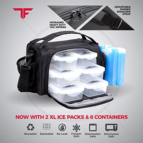 ThinkFit Insulated Meal Prep Lunch Box with 6 BPA-Free, Reusable, Microwavable, Freezer Safe Food Portion-Control Containers, Shaker Cup, Pill Organizer, Lunch Bag with Storage Pocket - (Black) - color: Black