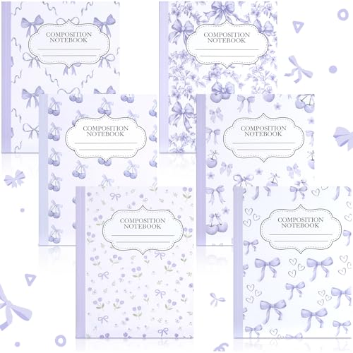 Fullhawl 6 Pack Composition Notebook College Ruled Bulk Purple Cherry Composition Notebook Aesthetic for Back to School 110 Pages 9-3/4 X7-1/2 Cute Lavender Bow Journal for First Day of School - color: Purple Cherry, size: College Ruled