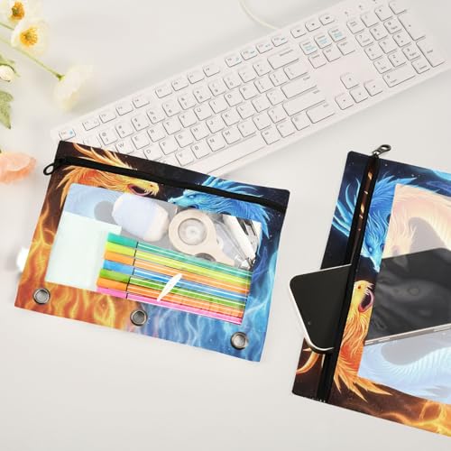 Kcldeci Pencil Pouch for 3 Ring Binder, Red Blue Fire Dragon 2 Pack Binder Pencil Pouch with Clear Window Pencil Bags with Zipper Pencil Case for binder - color: A02