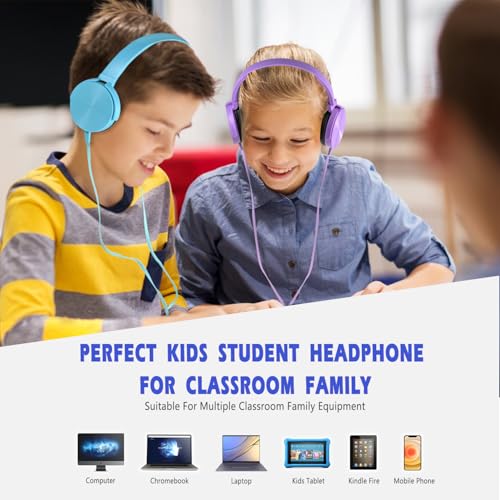 2 Pack Kids Headphones for School Classroom, Wired Computer Online Learning Headset for K-12 Students, Durable Soft Swivel On Ear Pads Earphones for Laptop PC Meetings Calls (Light blue+Purple) - size: Blue+Purple