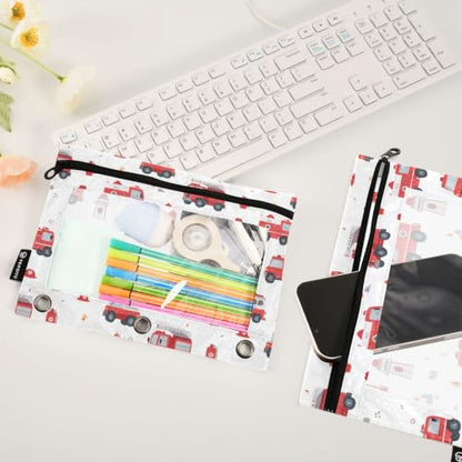 Gredecor 3 Ring Binder Pencil Pouch, Cartoon Red Fire Trucks White Zippered Pen Case Pouches with Clear Window, 2 Pack Stylish Office & School Supplie - color: Cartoon Red Fire Trucks White