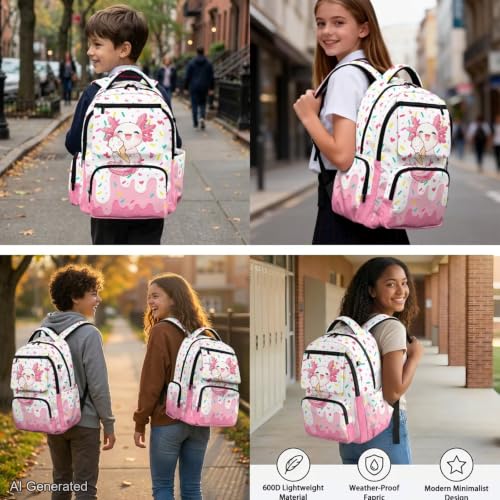 Ice Cream Backpack for Boys Axolotl Backpack for Girls with Lunch Box Kids Daypack with Zipper Pencil Pouch Water Bottle Holder 4PCS Set Bookbag with Front Pocket 17 inch School Accessories - color: Axolotl Ice Cream