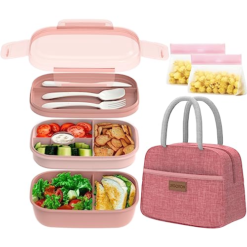JBGOYON® Bento Lunch Box Set - 3 Stackable Containers for Adults and Kids，lunch box for women- Includes Lunch Bag, Leak-Proof and BPA-Free - Built-in Utensil Set - Dishwasher Safe (Pink) - color: Pink set
