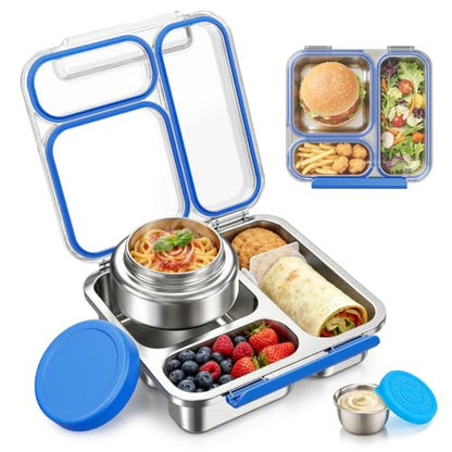 Pawtong Stainless Steel Bento Box Kids Adult with 7oz Insulated Food Jar, Transparent Lid Metal Lunch Box With Soup Thermal Jar, Lunch Box Container with Removable Divider & Sauce Cup School (Blue) - color: Blue