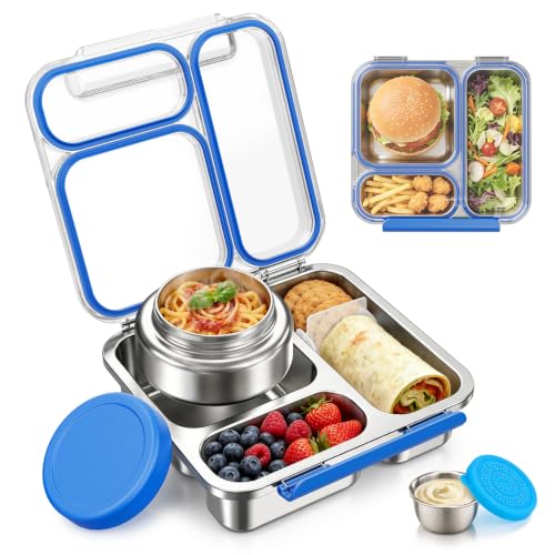 Pawtong Stainless Steel Bento Box Kids Adult with 7oz Insulated Food Jar, Transparent Lid Metal Lunch Box With Soup Thermal Jar, Lunch Box Container with Removable Divider & Sauce Cup School (Blue) - color: Blue