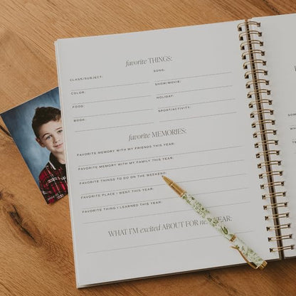 Sweet Water Decor Kid's Keepsake Memory Journal, Cute Prompted Entry Notebook for Moms and Parents, 14 White Craft Envelopes for Capturing Memories, Tan Fabric Spiral Bound Diary with Gold Foil Detail - style: Kid's Keepsake