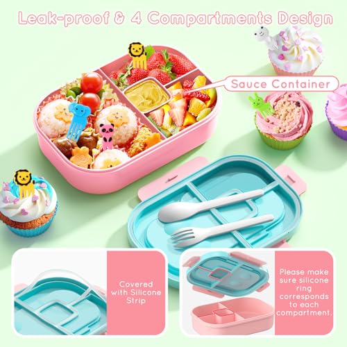 Lunch Box Kid Adult Bento Box, 4-Compartment Food Lunch Containers with Fork & Spoon, BPA Free, Leak-Proof Bento-Style Lunch Box for Work School, Microwave & Dishwasher Safe (Candy) - color: Candy