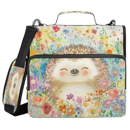 Watercolor Flower Hedgehog Zipper Binder 3 Ring with Handle and Shoulder Strap, 500 Sheet Binder Organizer Capacity & Multi-Pockets for School Office - color: A3593